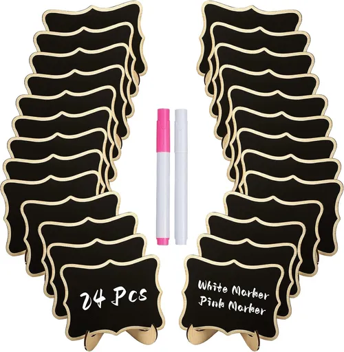 24 Pack Mini Chalkboard Signs for Food, Small Chalkboard Signs with Stands Chalk Markers & Replacement Stickers, Reusable Wooden Labels for Party Buffet Wedding, Blackboard Place Cards, Wavy