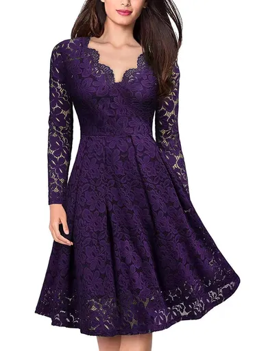 Long Sleeve Lace Dress V-Neck Dress Flared Dress Women'S Formal Dress Elegant - Black - Size L