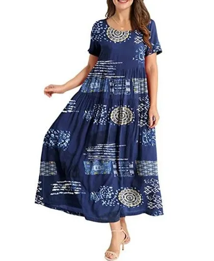 Women Floral Long Dress Short Sleeve Polyester Picture color 8 M Size: M; Height (cm): 160-165; Weight (kg): 50-55; Bust (cm): 86-90; Waist (cm): 70-74; Shoulder width (cm): 38; Length (cm): 60