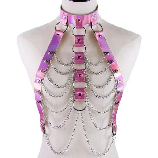 House Of Dasein Holographic Chain Harness Women Body Fetish Clothing - Pink