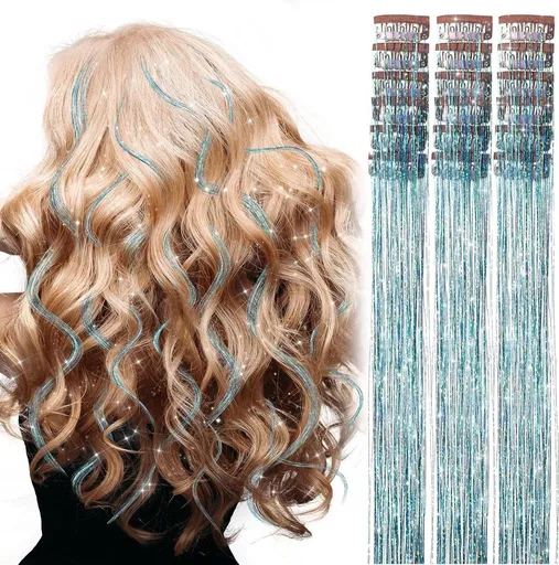 18 Piece Sky Blue Hair Tinsel Extension Set, Heat Resistant