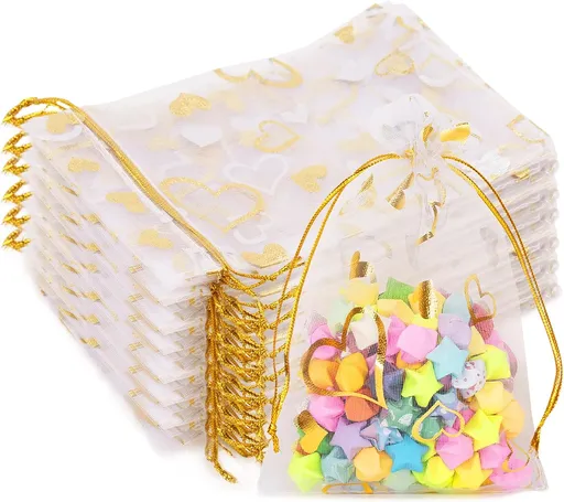 Valentines Gift Bags Organza 4x6in - 50Pcs Heart Organza Bags, Drawstring Sheer Mesh Jewelry Pouches Candy Bag for Wedding, Mother's Day, Party Favors (White Gold)
