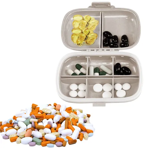 1Pack Daily Pill Organizer, 8 Compartments Travel Pill Case for Pocket Purse Portable Medicine Vitamin Container Beige