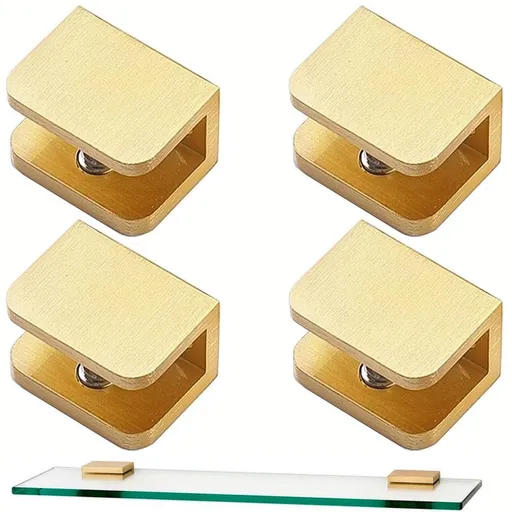 Pack of 4 Brass Glass Clamp, No-drill-on-glass Glass Holder Bracket Clip Support for 10-12mm Glass (Gold, 4)