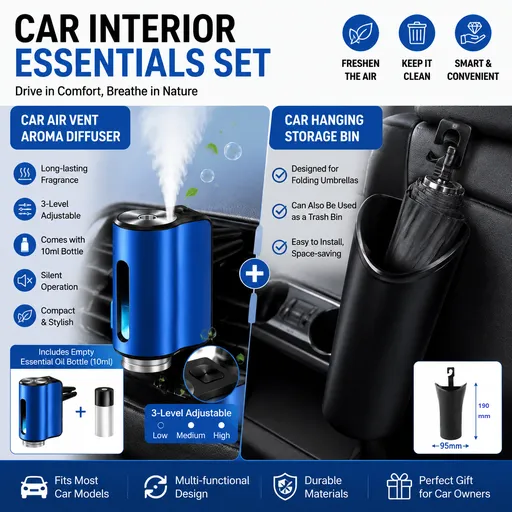 2 pcs Car interior essentials set-Blue Car Air Vent Aroma Diffuser &Black Hanging Storage Bin- hanging storage container that is convenient to use and Compact