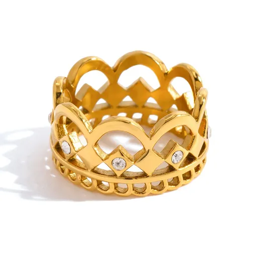 Style 4 Vintage Gold-Plated Stainless Steel Ring for Women - Waterproof Hypoallergenic Stackable Statement Rings, Crown Pearl Crystal & Lace Style Collection Size 7 Inner Diameter 0.68 in