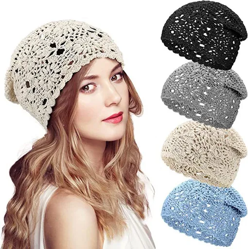 4 Pcs Hat Fall Handmade Knit Floral Cotton Cutout Summer Hats for Women Lightweight Knitted （A set of 4 different colors）