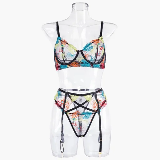 House Of Dasein Delicate Sheer Floral Sexy Lingerie Set Bra Garter Belt Panties Size Cm Under - L