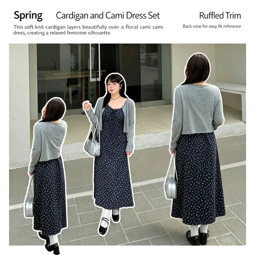Dark Gray Size 3XL (Recommended 85.5-95kg / 188.5-209.4lbs) | Curvy Fit Two-Piece Dress | Halloween Curvy Friendly Gift | Roomy Long Sleeve Cardigan Floral Slip Dress Set