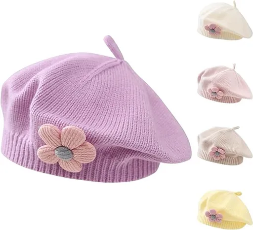 Girls' beret winter warm hat toddler French knitted hat baby cute floral beret, for Cold Weather, Travel and Daily Winter Wear, Purple