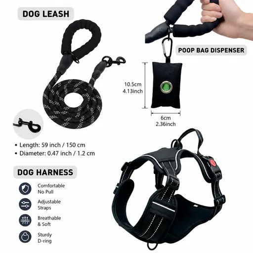 3 Piece Black No Pull Dog Harness and Leash Set with Poop Bag Holder (S Size) - Adjustable Escape Proof Reflective Vest for Small Medium Large Dogs