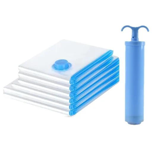 Vacuum Compression Storage Bags 7 Piece Set (6 Bags + Hand Pump) for Clothes Quilts Travel