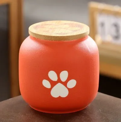 Small Pet Urn for Ashes, Cremation Memorial Urns for Cats & Dogs, Ceramic Paw Design Keepsake Jar with Wooden Lid, Pets Loss Sympathy Gift, 17oz - Orange - Size 3.9in*3.7in