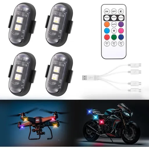 4PCS Wireless Led Strobe Lights, Remote Control, 7 Colors IP65 Waterproof USB High Brightness Anti-Collision for Car Motorcycle Drone