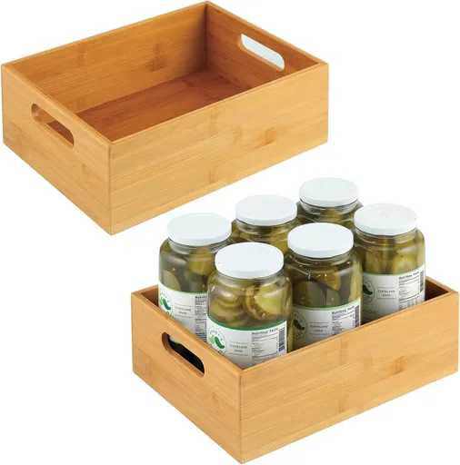 Kitchen Storage Box - Large Wooden Box with Handles - Bamboo Kitchen Utensil Storage Box - 12" x 9" x 4" - Set of 2 - Nature
