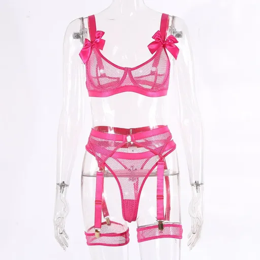 House Of Dasein 5 Piece Bows Mesh Fishnet Sexy See Through Lingerie Set Women Black Blue Neon - Rose - S