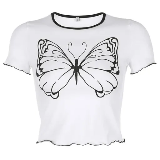 House Of Dasein White And Black Butterfly Cropped Tee Top Women Short Sleeve Shirt - Black - S