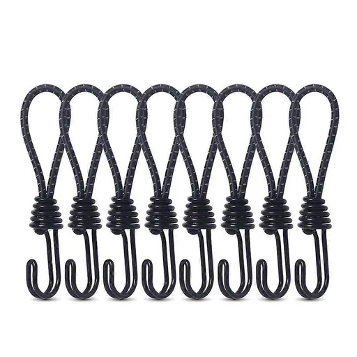 10Pcs Tent Stretch Strap Set Bungee Cords Set with Hooks, Metal Shock Cord Hook - Black