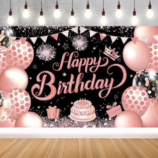 Black Rose Gold Happy Birthday Party Backdrops Cloth 71x43 in Glitter Rose Gold Birthday Photography Backgrounds Black Pink