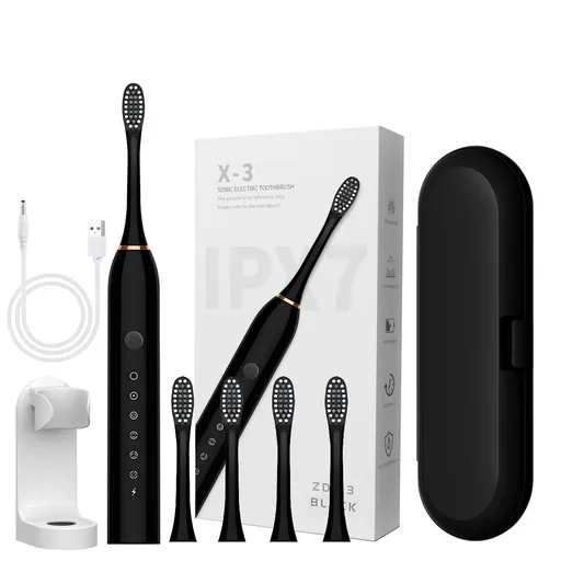 Sonic Electric Toothbrush Black set with 4 brush heads, stand, and travel case- 6 Cleaning Modes, USB Rechargeable, DuPont Soft Bristles, Travel Friendly Oral Care Set
