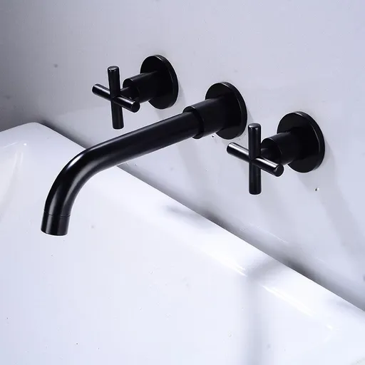 Basin Mixer Tap Matte Black Wall Mounted Bathroom Faucet Double Handle Brass Basin Mixer with Rough inch Valve Included