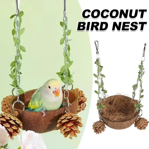 Coconut Birdhouse Swing Hammock Toy for Birds Natural Wooden Nest for Parrots