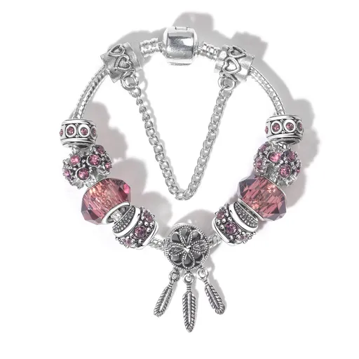 Beaded Bracelet Rose Red Rhinestone Big Hole Alloy Electroplated 18cm