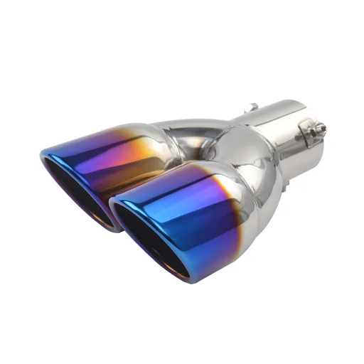 Inlet Dual Exhaust Muffler ,Chrome Exhaust ,Universal Bolt-On Double Tube Exhaust Muffler (Blue,Curved)