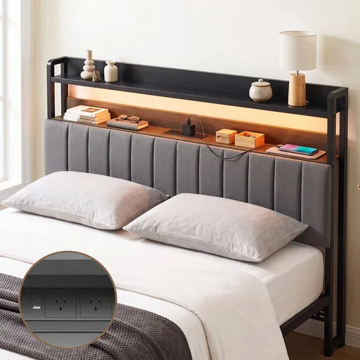 Artiss King Headboard Charging Station Storage LED Light Grey Upholstered
