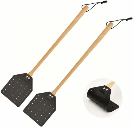 2Pcs Fly Swatter, Heavy Duty Fly Swatter with Long Wood Handle and Hanging Rope Durable for Indoor Outdoor Home Fly(Black)