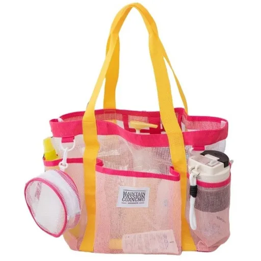 Multi-Pocket Mesh Beach Swim Bag, Dry/Wet Separation, Large Capacity Gym Tote with Bonus Mini Round Mesh Pouch—Pink