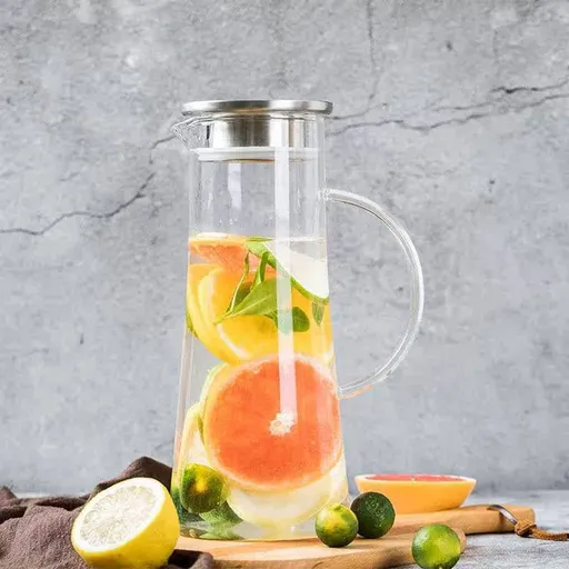 Glass Cold Water Pitcher 1.5L | High Borosilicate Glass Drink Dispenser | Iced Tea Container for Lemon Infused Water | Large Beverage Bottle for Home Kitchen or Office Use | Wide Mouth
