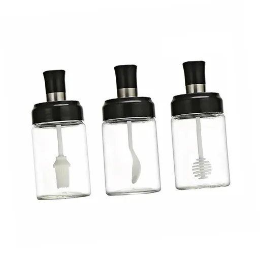 Set of 3 Spice Clear Seasoning Jars, Salt Sugar Glass Condiment Pots, Transparent Storage Container with Spoon,Olive Oil Bottle