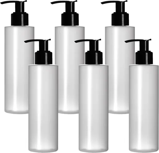 6 Pack 8 Oz Plastic Pump Dispenser Bottles for Lotion, Massage Oil, Shampoo and More - Refillable, BPA Free Clear/Frosted Empty 8oz Containers - Fit Into Holsters, Bulk