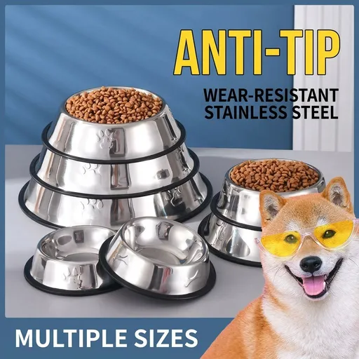 Stainless Steel Anti-Slip Pet Bowl with Rubber Base, Durable Scratch-Resistant Cat and Dog Food Dish, Easy-Clean Water Feeder for All Breeds, Home Feeding Essential with Paw Print Design (Bone, 4)