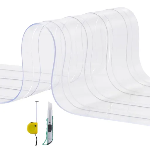 Strip Curtain, 4572 cm Length x 20 cm Width x 2 mm Thickness, Clear Ribbed PVC Curtain Strip Door Bulk Roll, Plastic Door Strips for Doorways of Supermarket, Garage, Warehouse, Barn, Pet House