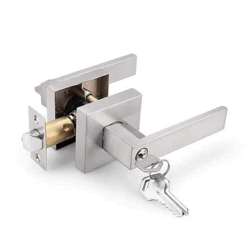 Square Rose Privacy Door Lever, Lock for Bed/Bath Modern Square Satin Nickel Entry Handle with Key Lock Latch Lever Lockset