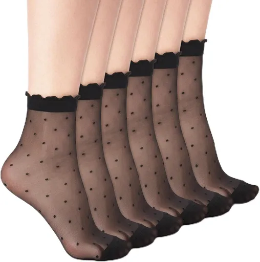 3 Pairs Women Sheer Ankle Socks, Ruffle Polka Dot Lace Mesh Black Sheer Socks, Nylon Stretchy Breathable Thin Fishnet Dress Sock with Reinforced Toe, Elegant Casual Stockings for Summer