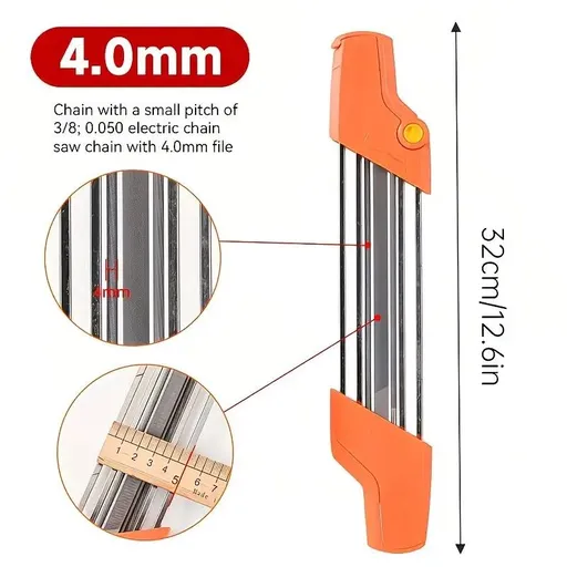 Chain saw file: upgraded lightweight, battery-free and portable, precision sharpening for 3/8-inch saw chain, single-direction reciprocating operation, essential tool for outdoor gardening and forestry maintenance.(Orange-with 4.0 file)