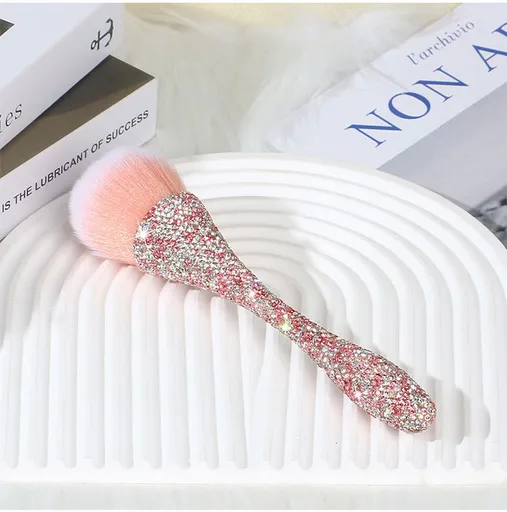 Handmade Rhinestone Powder Brush for Makeup and Nail Dust Cleaning, Soft Fluffy Nylon Bristles with Gradient Pink, Elegant Waist Design for Daily Beauty and Salon Use (Pink)