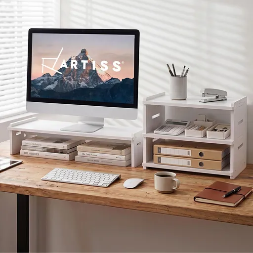 Artiss Monitor Stand and 3-Tier Desk Organiser 2-in-1 Modular Computer Monitor Riser PVC Desktop Shelf Holds 20kg for Office Students Gaming