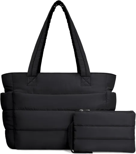 Puffer Tote Bag for Women, Lightweight Puffy Handbag with Compartments, Quilted Shoulder Bag for Work, Travel, Gym