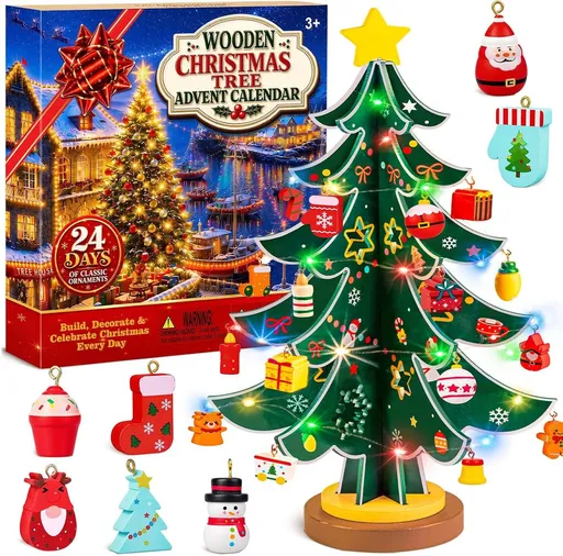 Christmas Tree Advent Calendar 2026 for Kids Adults, 24 Day Countdown Gift Decorate a Wooden Christmas Tree with Colorful LED Lights, 24 Ornaments, Sturdy Base, Fine Craftsmanship and Xmas Gift Ready