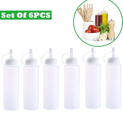 8 oz Plastic Squeeze Bottles for Condiments 6 Pack, Refillable Sauce Dispensers with Leak Proof Lids for Ketchup Mustard Dressing and Oil, Dishwasher Safe Kitchen Set