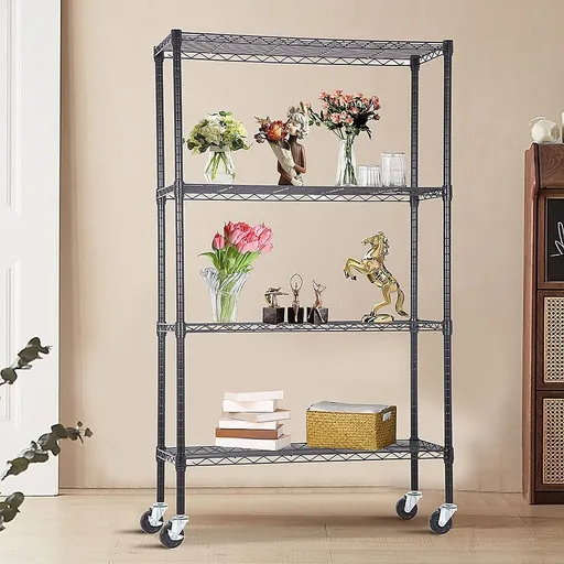 Wire Storage Rack – 90x35cm Black Shelving with Wheels