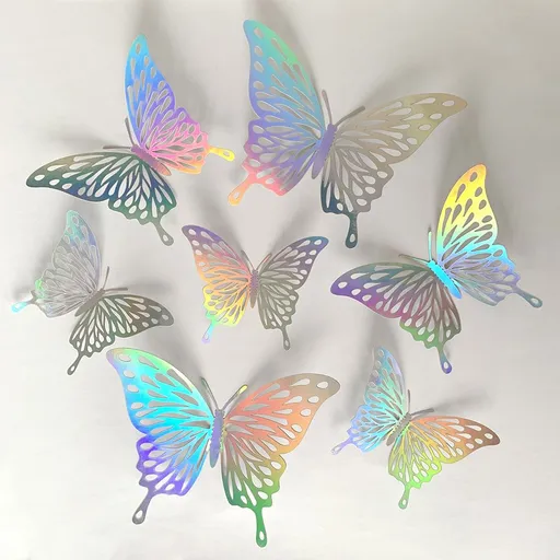 3D Butterfly Wall Stickers - Iridescent Silver Paper - 72pcs Set, Hollow Cut Design, Removable Decor for Home, Party, Wedding, Easy Peel and Stick-Style D