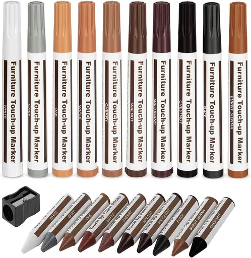 Furniture Wood Repair Markers Kit,Touch Up Markers and Wax Sticks with Sharpener,for Stains, Scratches, Floors, Tables, Desks, Carpenters, Bedposts, Touch-Ups, Cover-Ups, Molding Repair - Set of 21