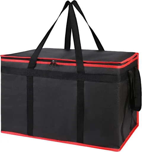 Insulated Food Delivery Bag - Hot & Cold Meal Carrier, Catering/Doordash Pizza Warmer, Grocery Tote, Cooler Bag for Parties (Black-Red, 1Pk), Ideal for Food Warming Transport