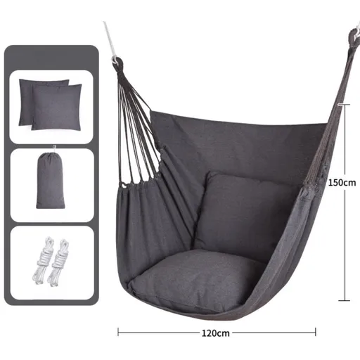 Grey Oversized Hanging Swing Chair Canvas Hammock + 2 Pack 45 x 45CM Pillows Set (120 x 150 CM) - Portable Indoor & Outdoor Thickened Leisure Hammock Chair with Binding Ropes and Storage Bag