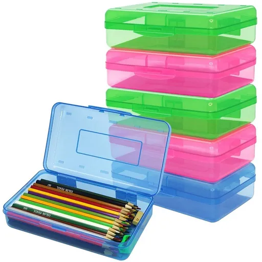 6 Pack Plastic Pencil Boxes Case Bulk Assorted Colors Capacity Box Clear with Lid Snap Closure